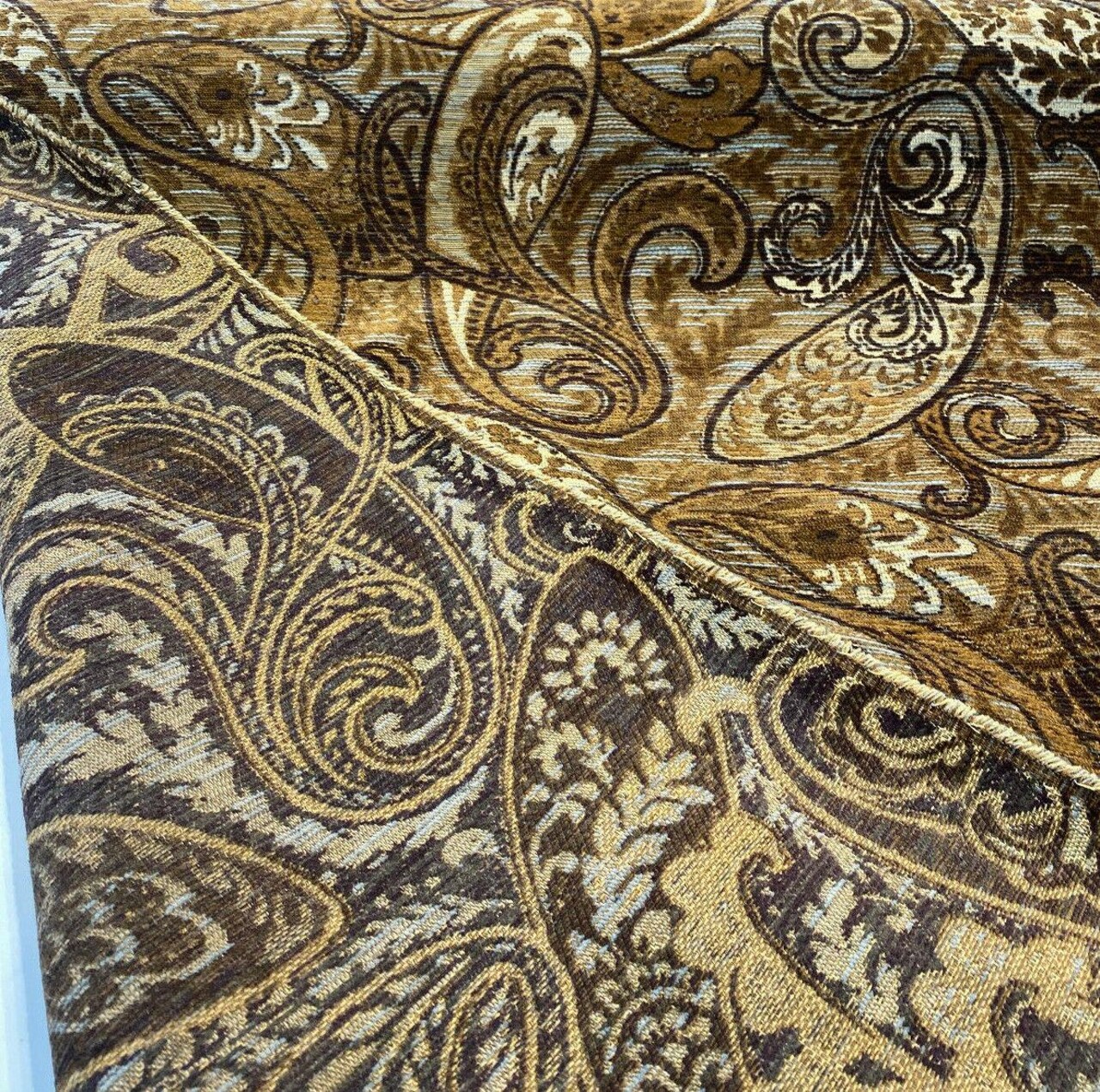 1 Yard Chocolate Teal Paisley Chenille Upholstery Fabric 57 Inches Wide